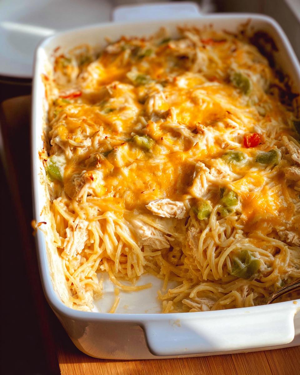 A close-up of a baking dish filled with Creamy Southern Chicken Spaghetti Casserole, topped with melted cheese and visible pieces of chicken and peppers.