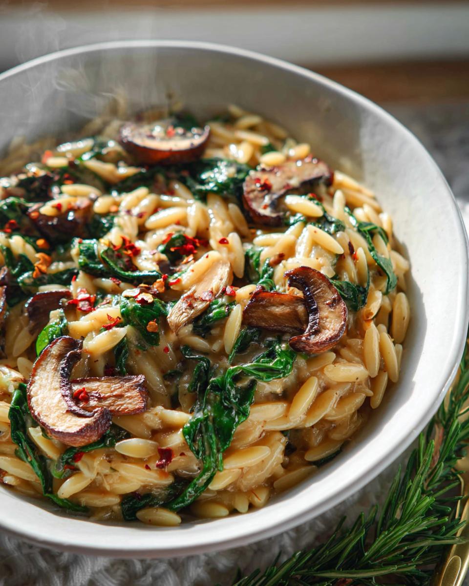 A close-up of a bowl of Creamy Spinach & Mushroom Orzo Bake, topped with sliced mushrooms and red pepper flakes.