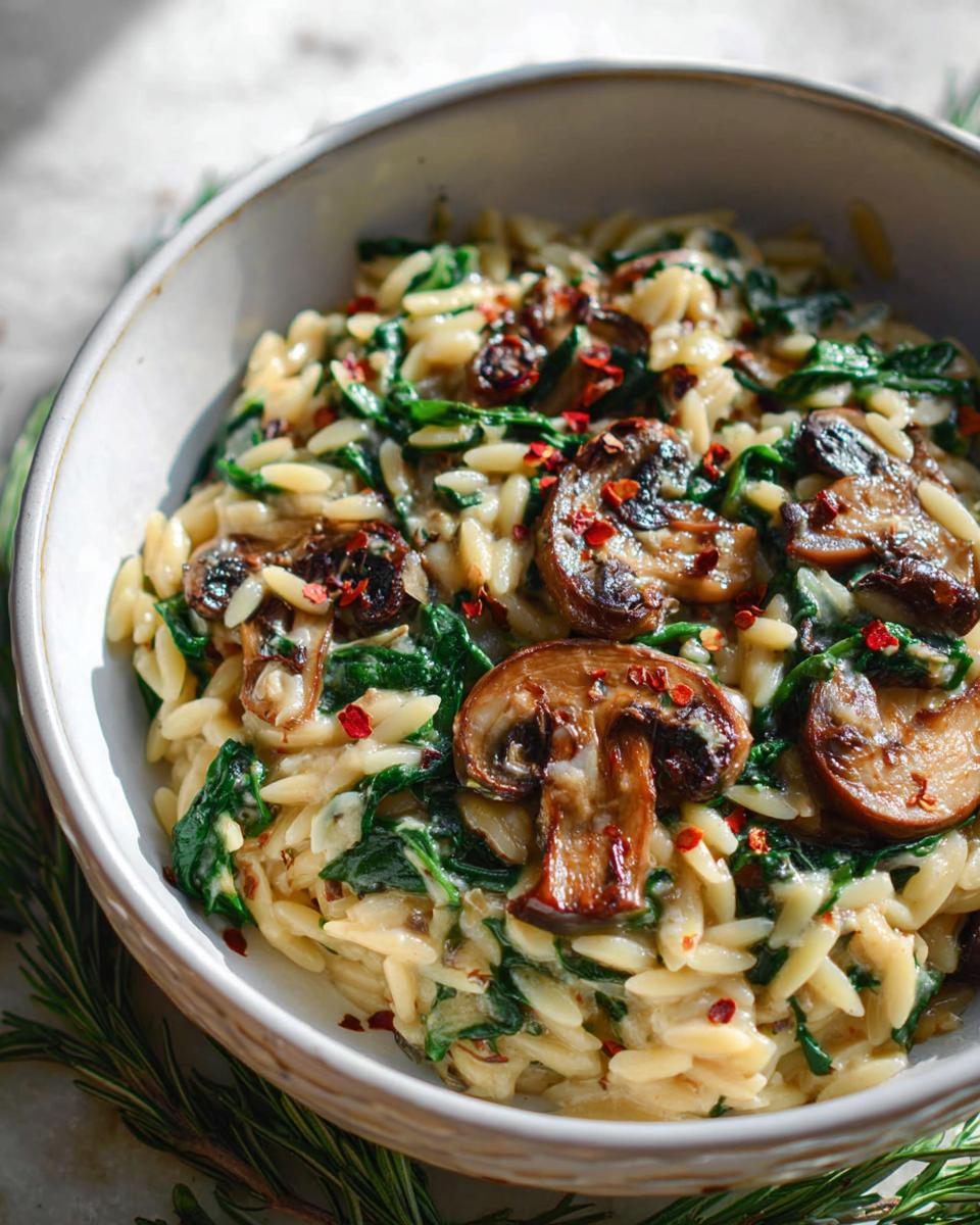 A close-up of a bowl filled with Creamy Spinach & Mushroom Orzo Bake, topped with sliced mushrooms and red pepper flakes.