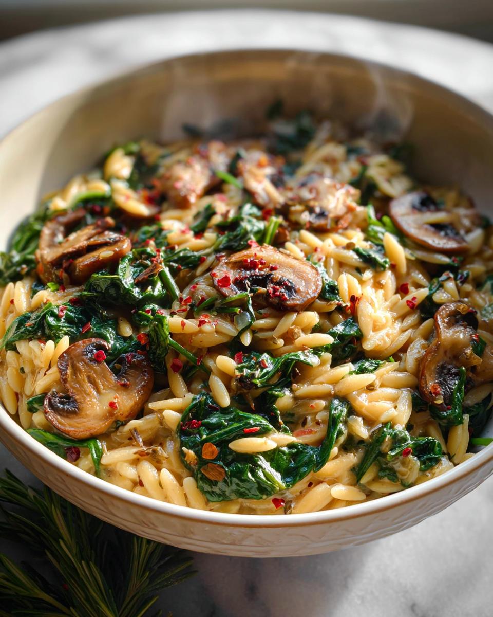 A close-up of a bowl filled with Creamy Spinach & Mushroom Orzo Bake, topped with sliced mushrooms and red pepper flakes.