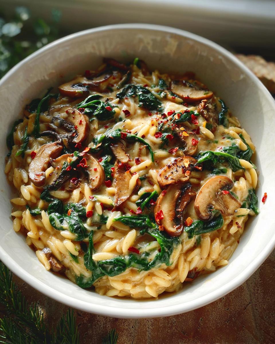 A close-up of a bowl of Creamy Spinach & Mushroom Orzo Bake, topped with sliced mushrooms and red pepper flakes.