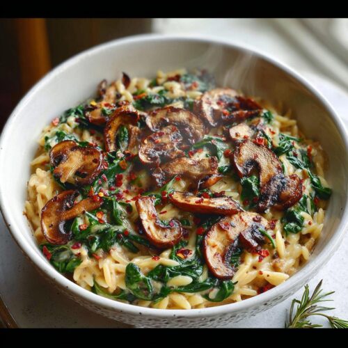 A steaming bowl of Creamy Spinach & Mushroom Orzo Bake, topped with sautéed mushrooms and red pepper flakes.