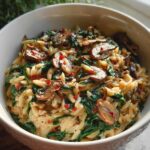 Close-up of a white bowl filled with Creamy Spinach & Mushroom Orzo Bake, topped with red pepper flakes.