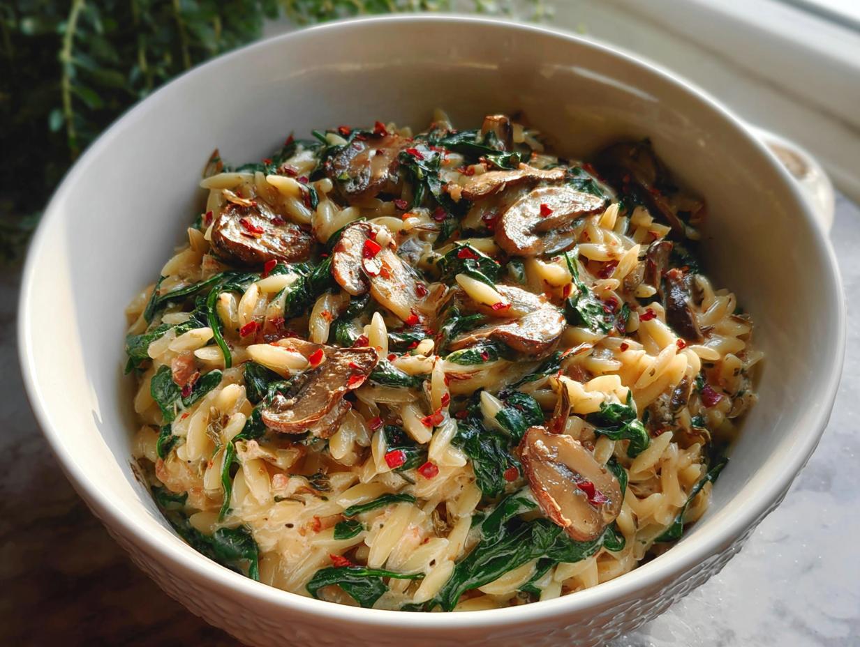 Close-up of a white bowl filled with Creamy Spinach & Mushroom Orzo Bake, topped with red pepper flakes.