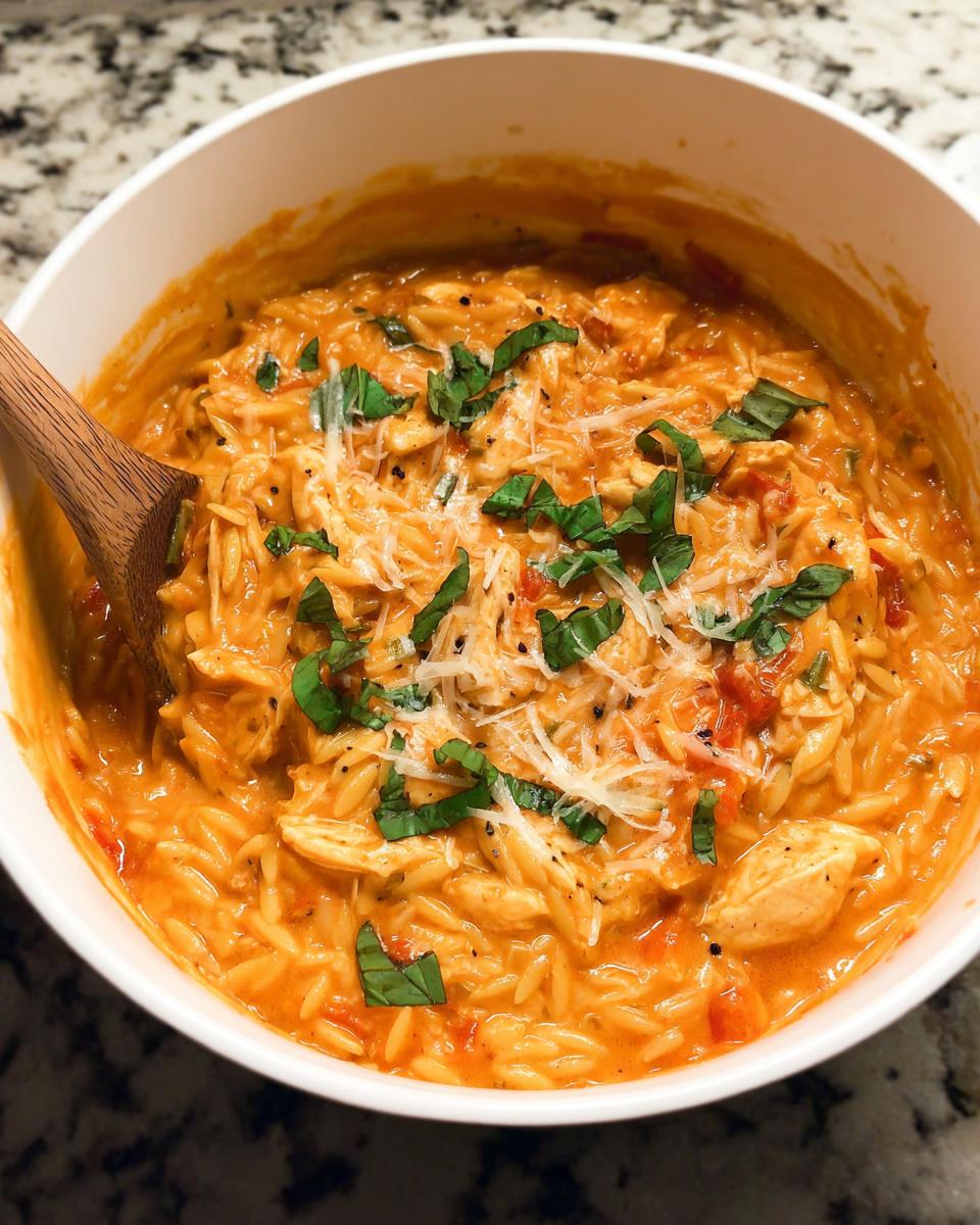A bowl of creamy tomato basil orzo with chicken, topped with shredded parmesan and fresh basil.