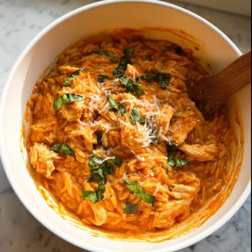 A bowl of Creamy Tomato Basil Orzo with Chicken, garnished with fresh basil and Parmesan cheese.