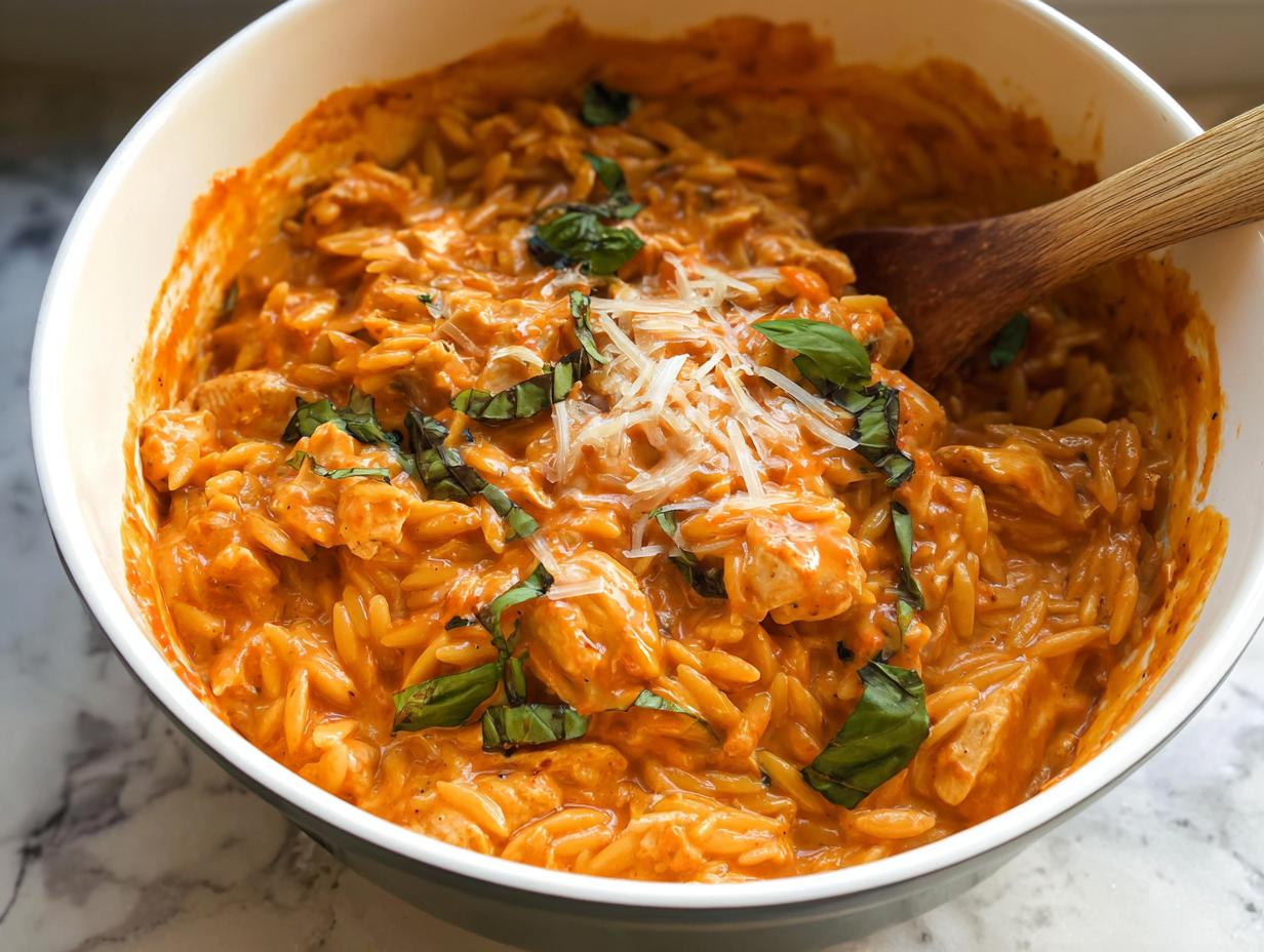 A close-up of a bowl filled with Creamy Tomato Basil Orzo with Chicken, garnished with fresh basil and shredded Parmesan.