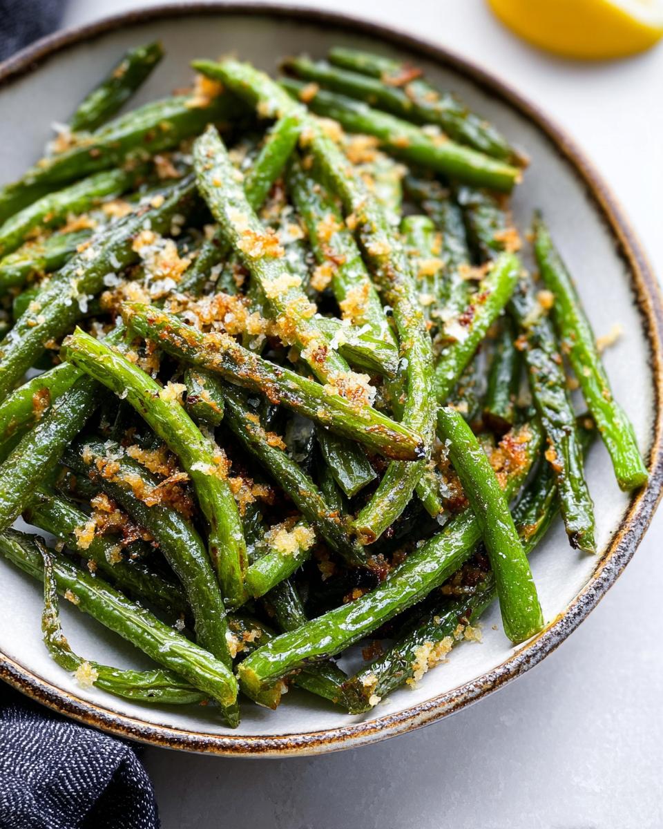 A close-up of a bowl filled with Crispy Garlic Parmesan Roasted Green Beans, glistening and topped with breadcrumbs.