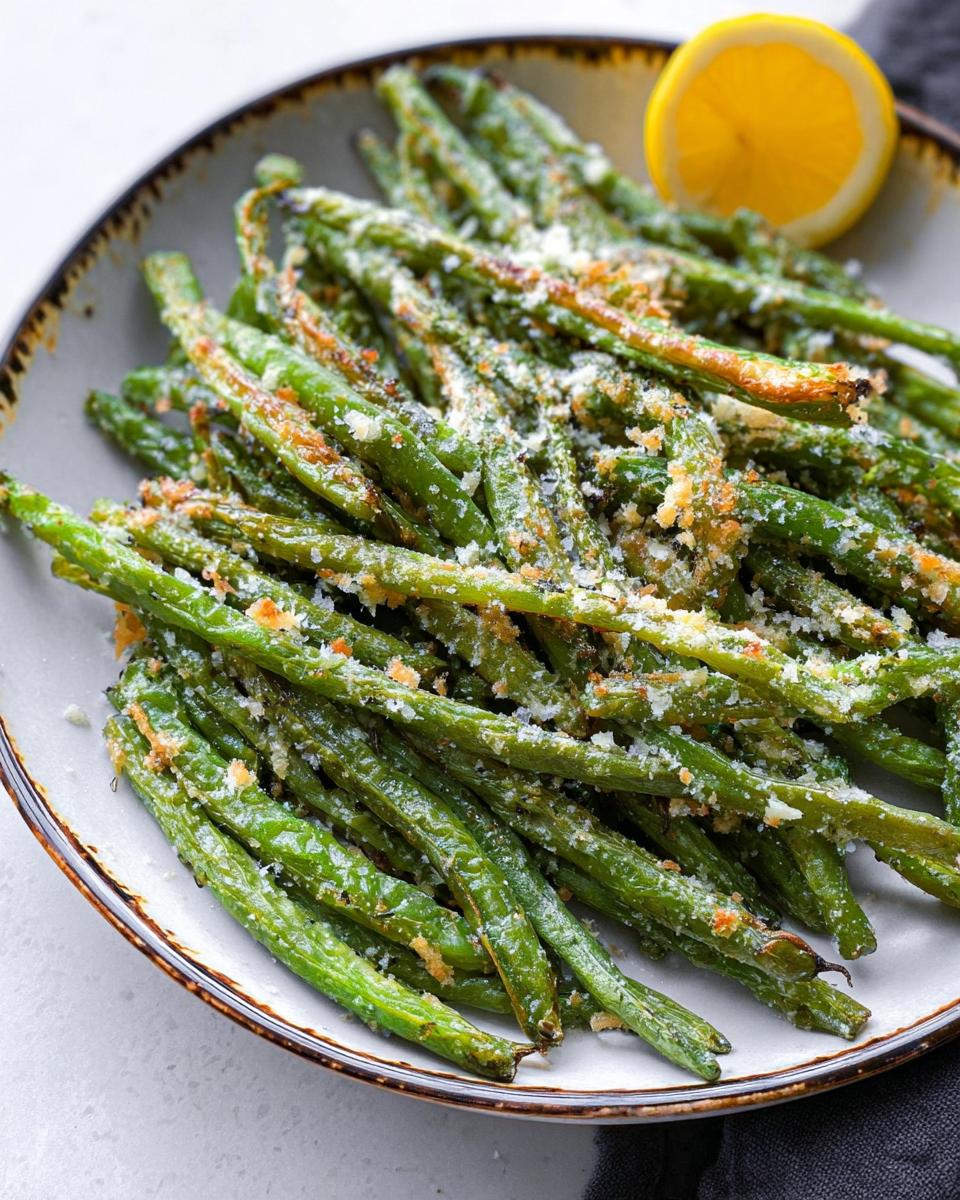 A close-up of Crispy Garlic Parmesan Roasted Green Beans piled on a plate, with a lemon wedge on the side.