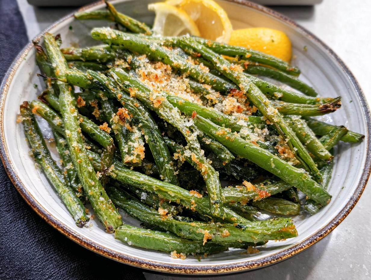 A close-up of a bowl filled with Crispy Garlic Parmesan Roasted Green Beans, garnished with lemon wedges.
