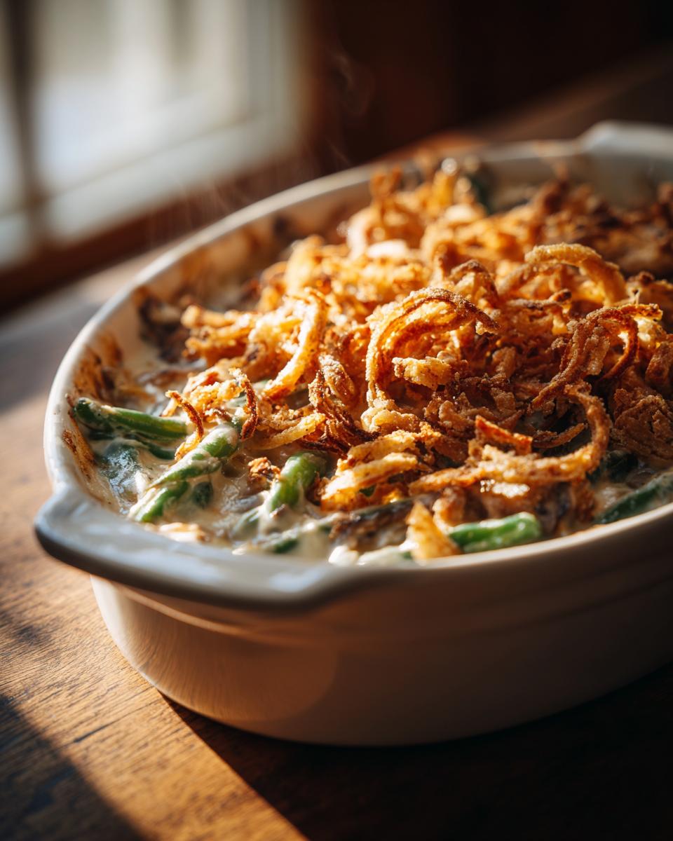 A steaming Crockpot Green Bean Casserole topped with golden crispy fried onions in a white baking dish.
