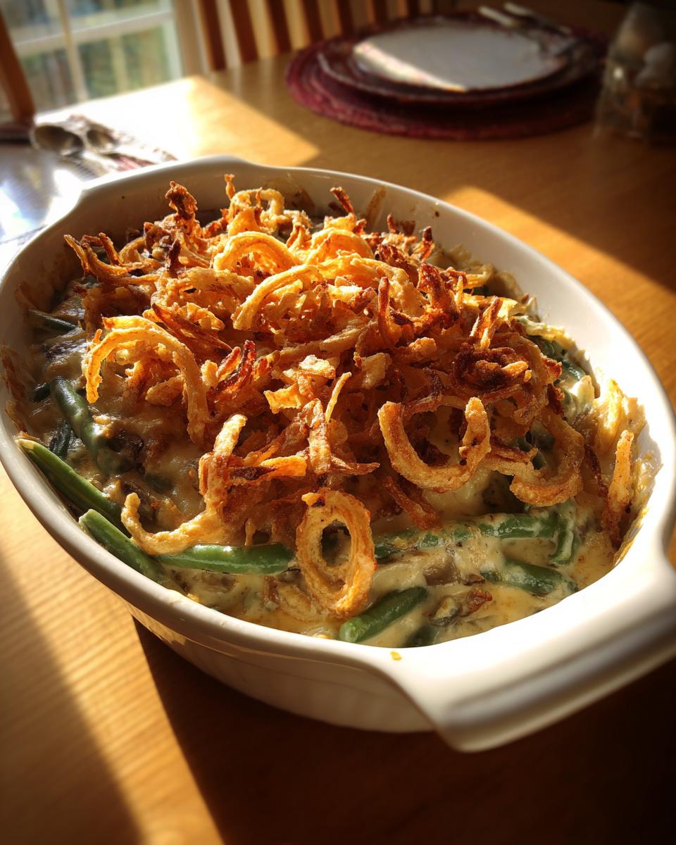 A close-up of a Crockpot Green Bean Casserole topped with golden crispy fried onions.