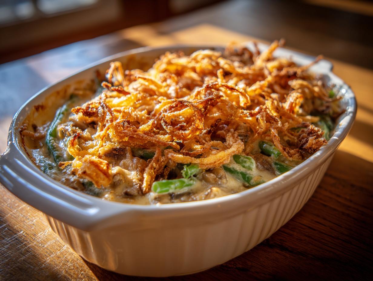 A warm Crockpot Green Bean Casserole topped with golden crispy fried onions in a white baking dish.