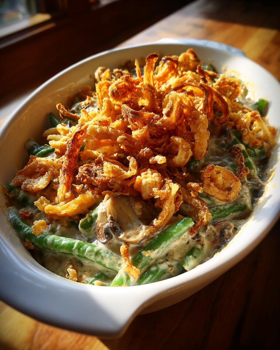 A close-up of a Crockpot Green Bean Casserole topped with golden fried onions and creamy mushroom sauce.