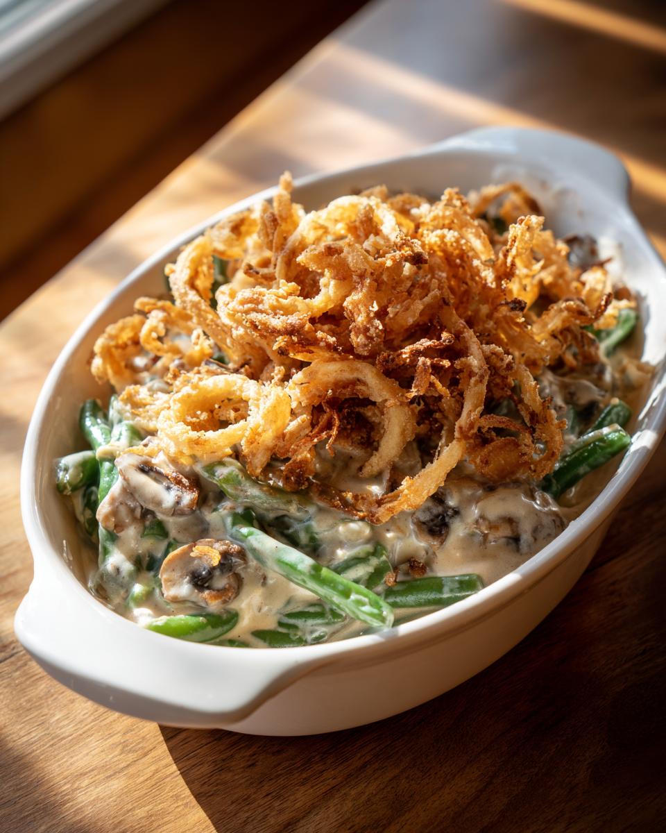 A close-up of Crockpot Green Bean Casserole in a white dish, topped with golden fried onions.