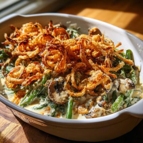 A close-up of a Crockpot Green Bean Casserole topped with golden fried onions and creamy mushroom sauce.