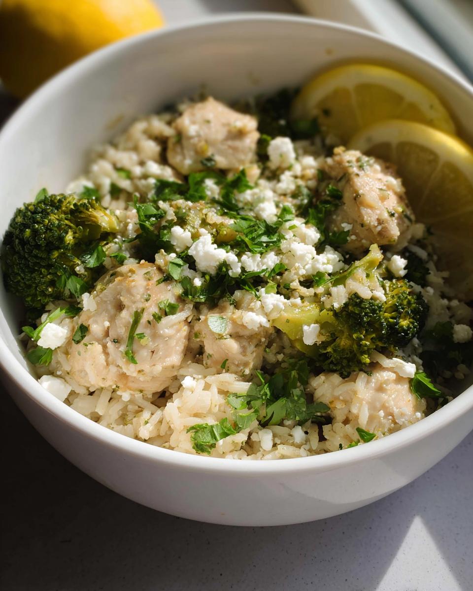 A white bowl filled with Crockpot Lemon Herb Chicken & Rice, featuring tender chicken, fluffy rice, broccoli florets, crumbled feta, and fresh parsley.
