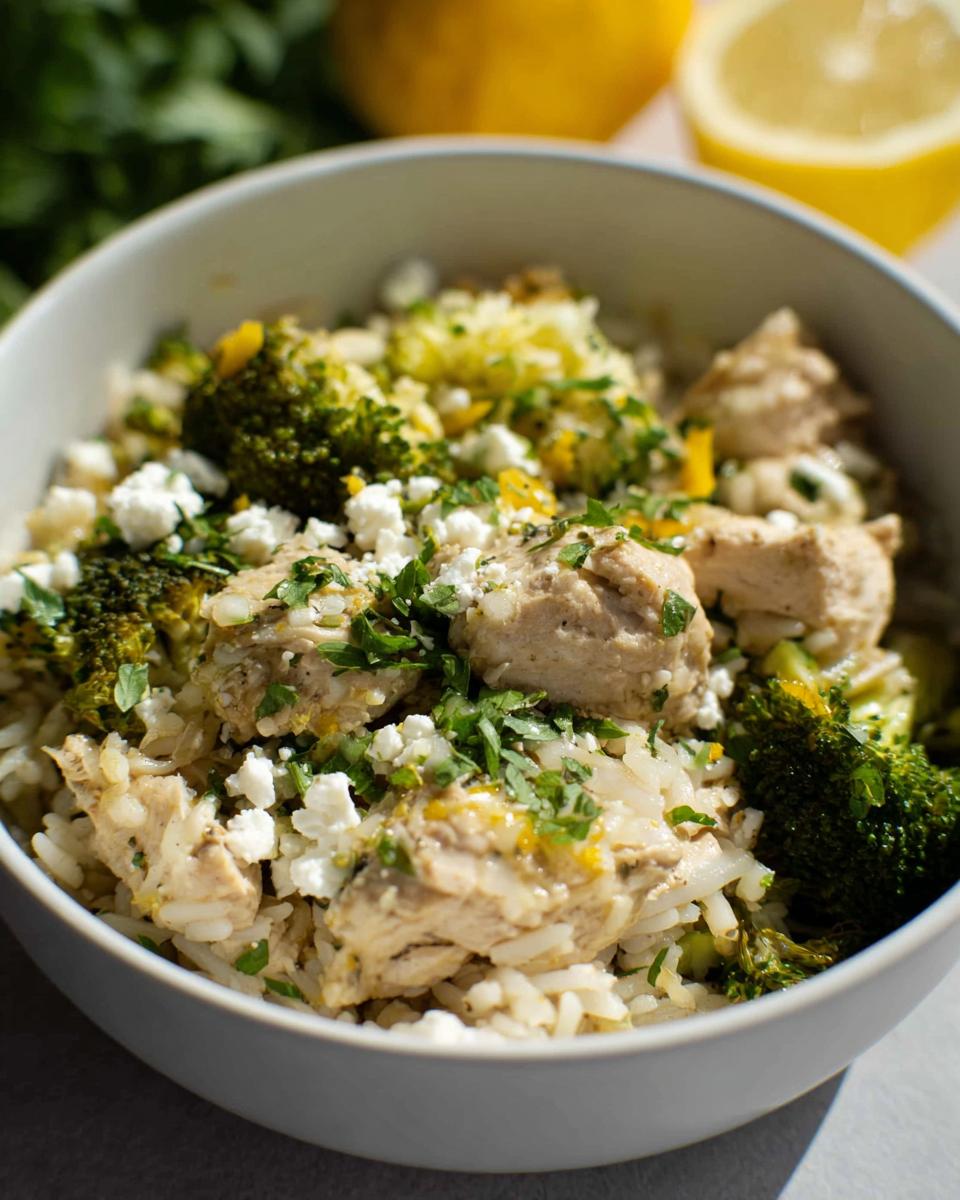 A close-up of a bowl filled with Crockpot Lemon Herb Chicken & Rice, topped with broccoli florets, crumbled feta, and fresh parsley.