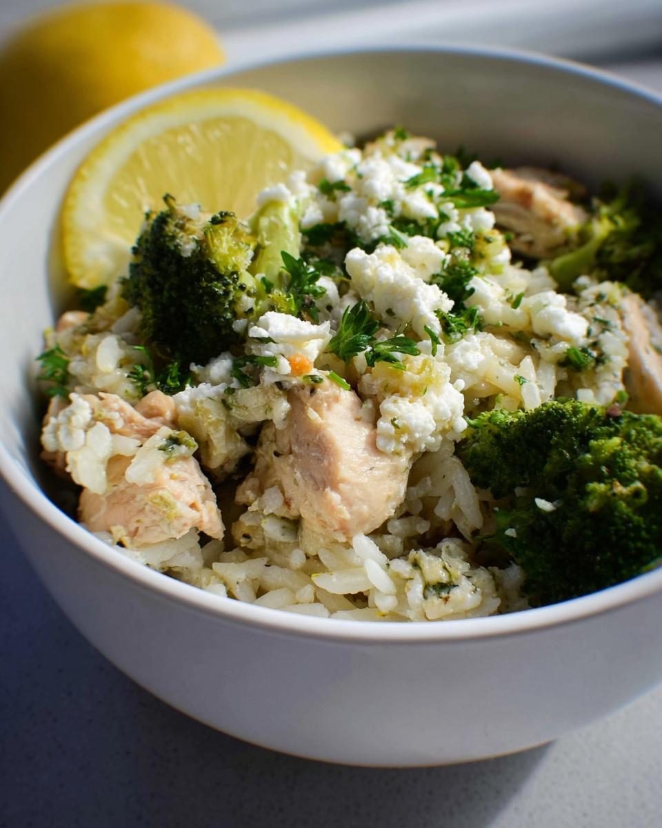 A white bowl filled with Crockpot Lemon Herb Chicken & Rice, topped with crumbled feta cheese, fresh parsley, and a lemon slice.
