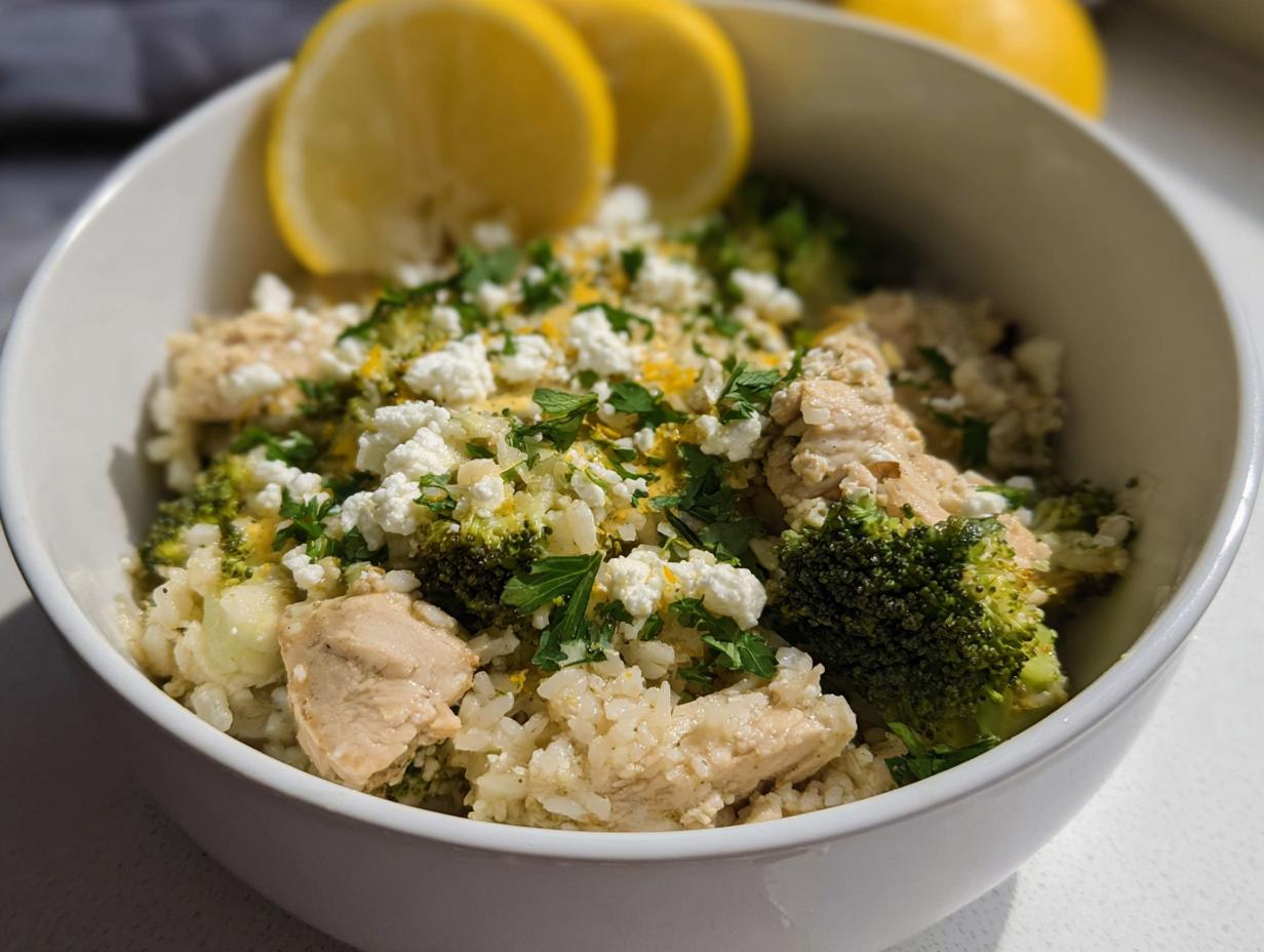 A white bowl filled with Crockpot Lemon Herb Chicken & Rice, topped with feta cheese, broccoli, and lemon slices.