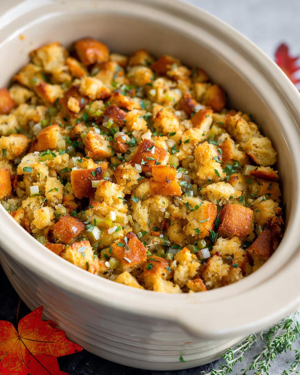 A close-up of perfectly cooked Crockpot Stuffing in a ceramic baking dish, garnished with fresh parsley.