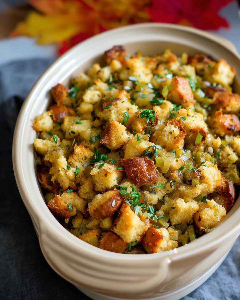 Close-up of golden brown Crockpot Stuffing in a ceramic baking dish, garnished with fresh herbs.