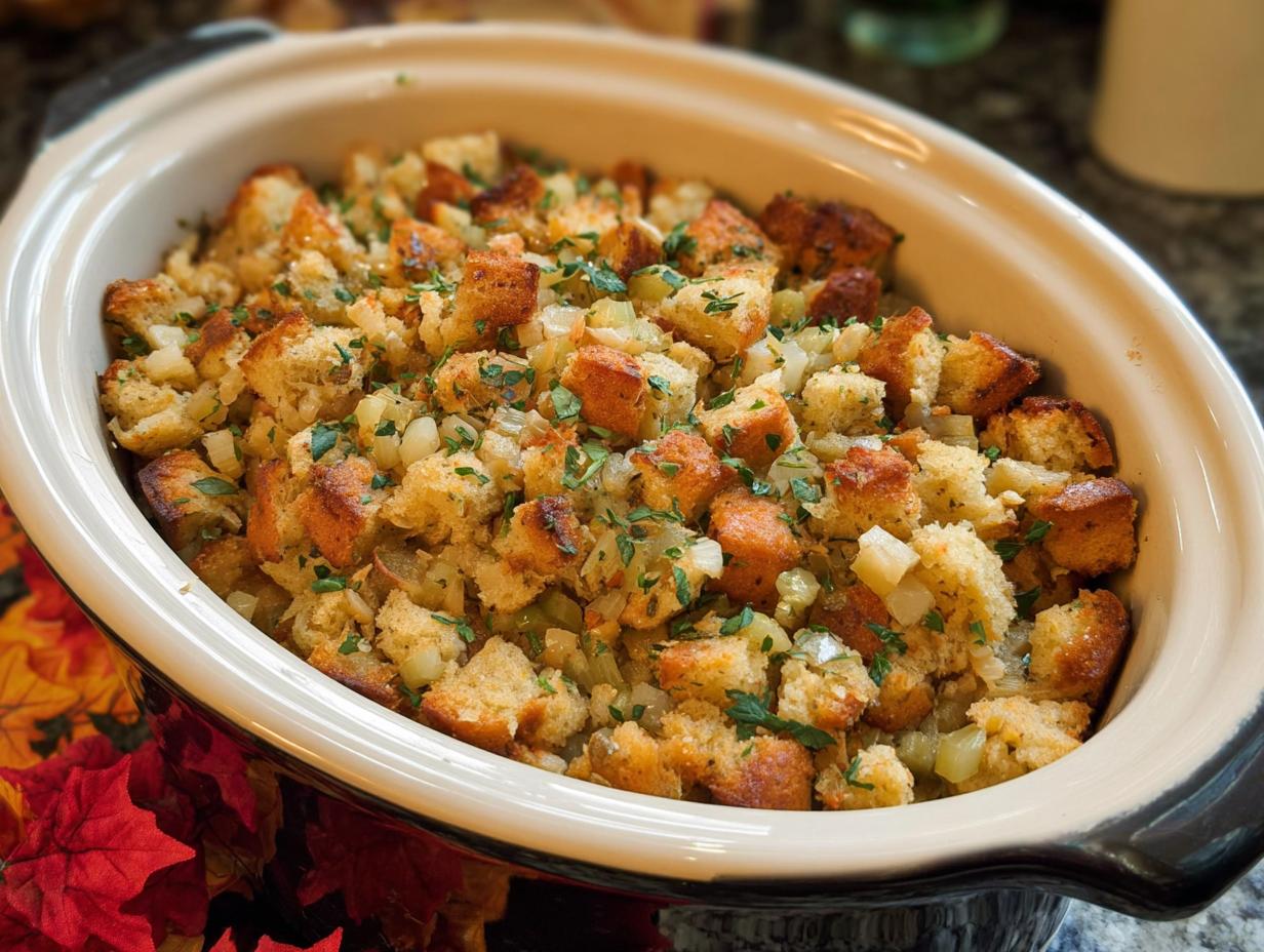 A close-up of a golden-brown Crockpot Stuffing in a ceramic casserole dish, garnished with fresh parsley.