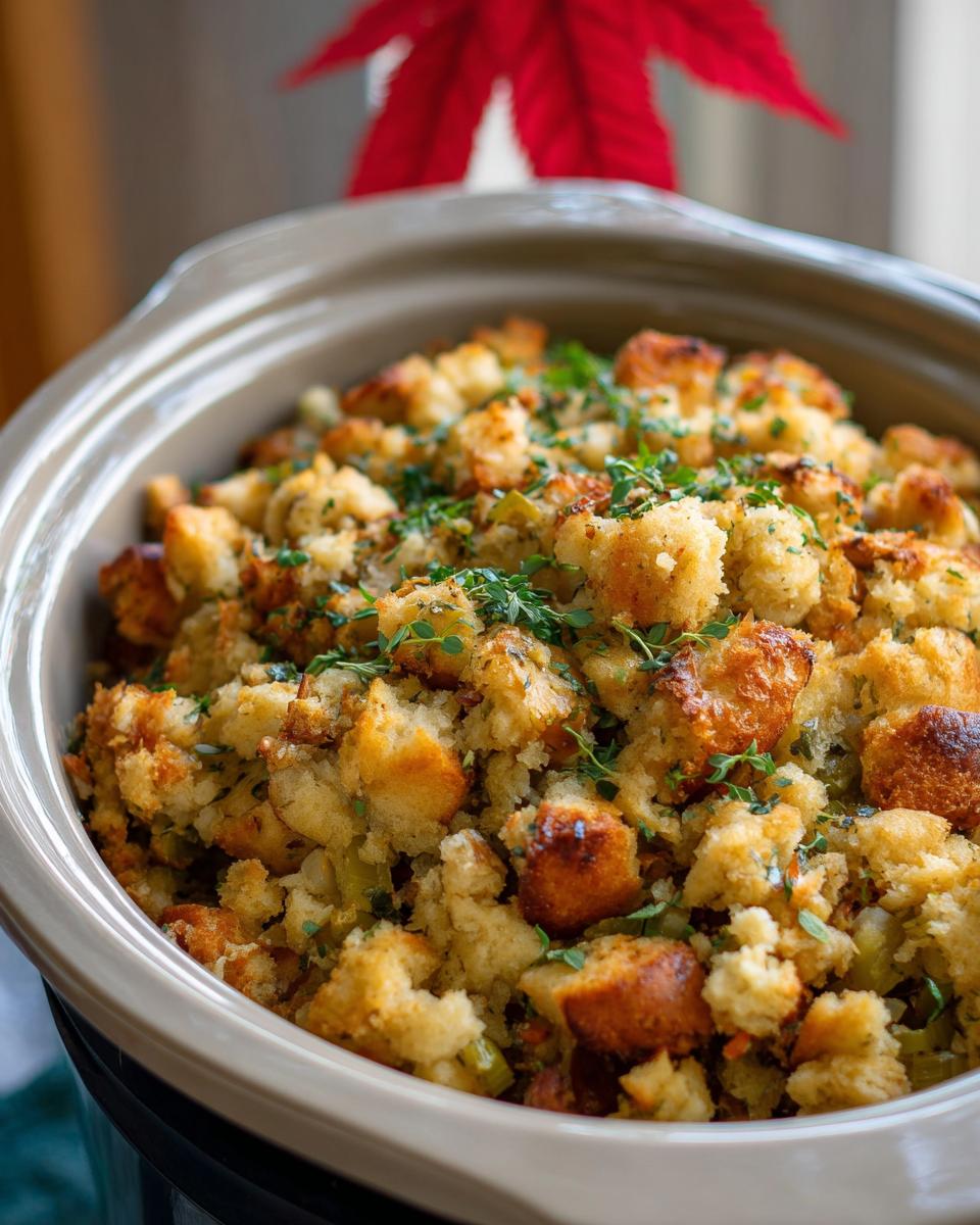 Close-up of a crockpot filled with golden-brown, herb-flecked Crockpot Stuffing, garnished with fresh thyme.