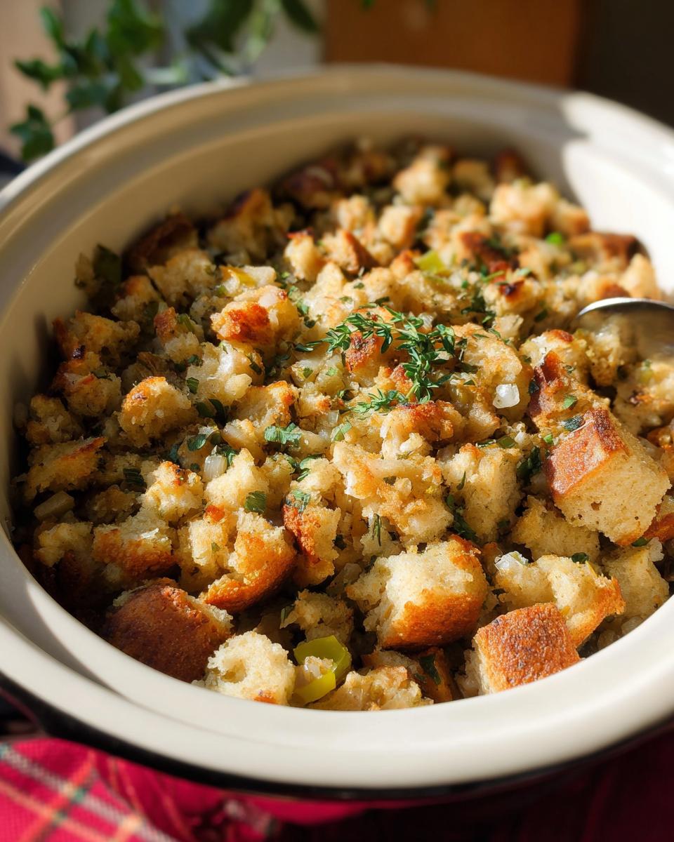 Close-up of a generous serving of homemade Crockpot Stuffing in a ceramic dish, garnished with fresh herbs.