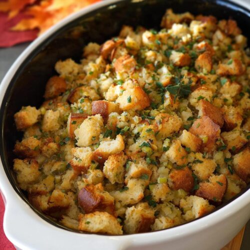 A close-up of a white dish filled with golden-brown Crockpot Stuffing, garnished with fresh parsley.