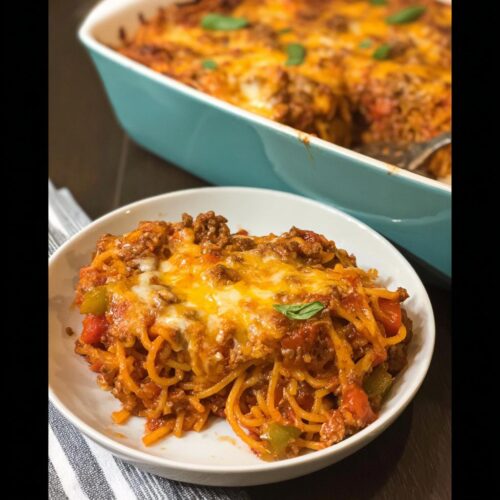 A serving of Easy Weeknight Southern Spaghetti Bake topped with melted cheese and basil.