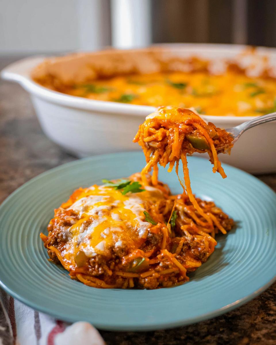 A fork lifts a cheesy portion of Easy Weeknight Southern Spaghetti Bake from a blue plate, with the casserole dish in the background.