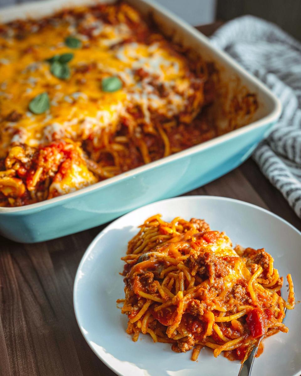 A serving of Easy Weeknight Southern Spaghetti Bake on a white plate, with the rest of the casserole in a baking dish in the background.