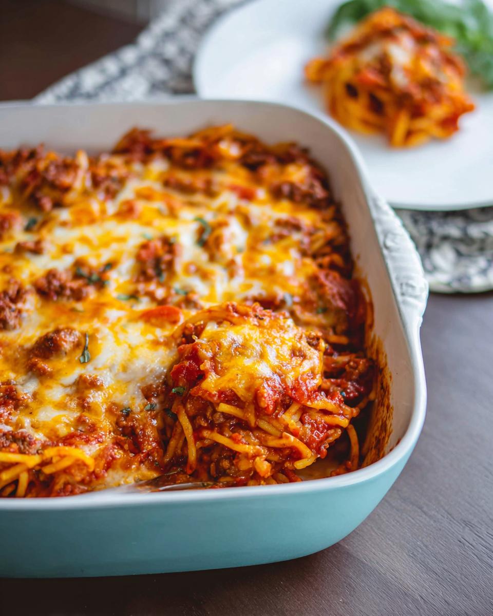 A close-up of a serving being lifted from a baking dish filled with Easy Weeknight Southern Spaghetti Bake, showing melted cheese and rich tomato sauce.