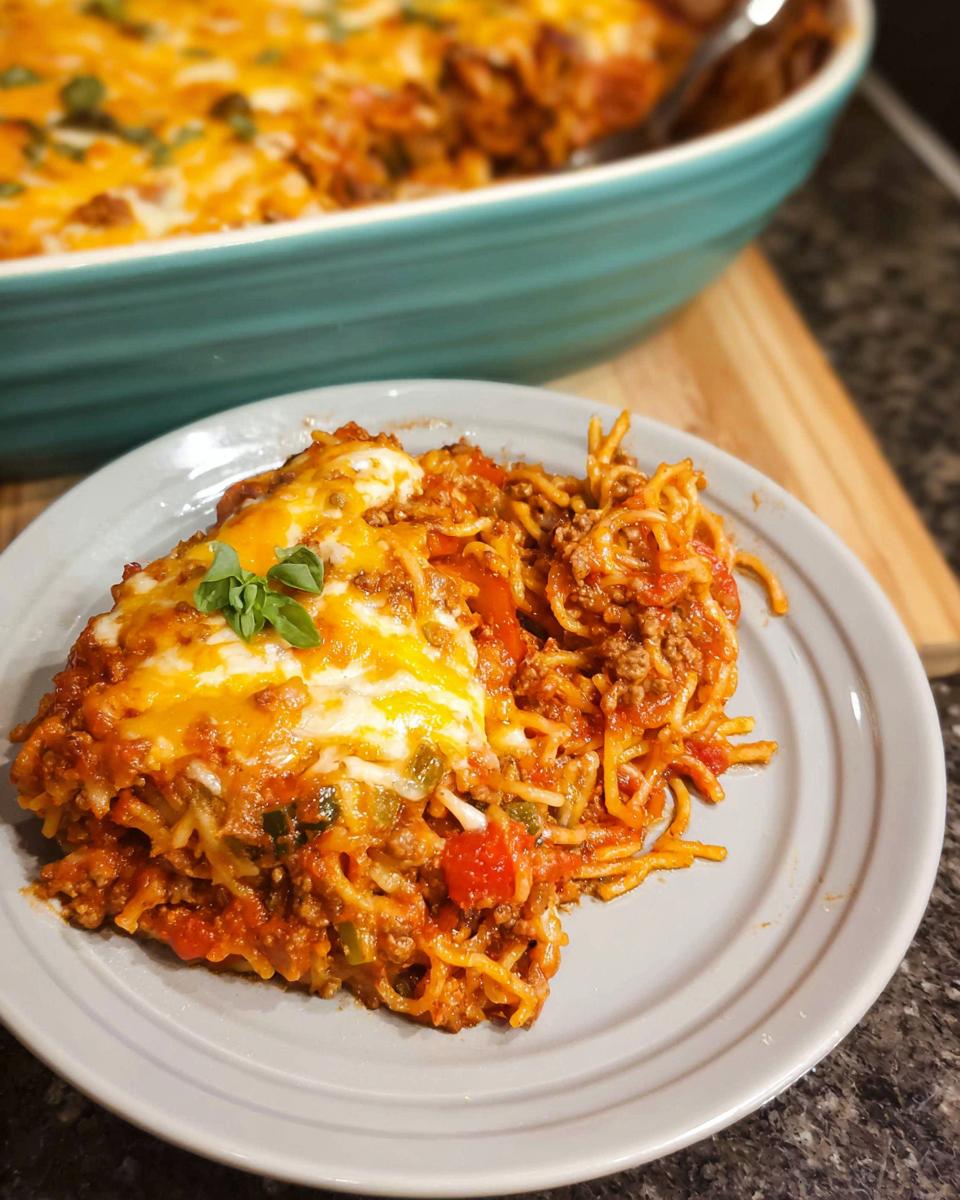 A slice of Easy Weeknight Southern Spaghetti Bake on a plate, topped with melted cheese and garnished with herbs.