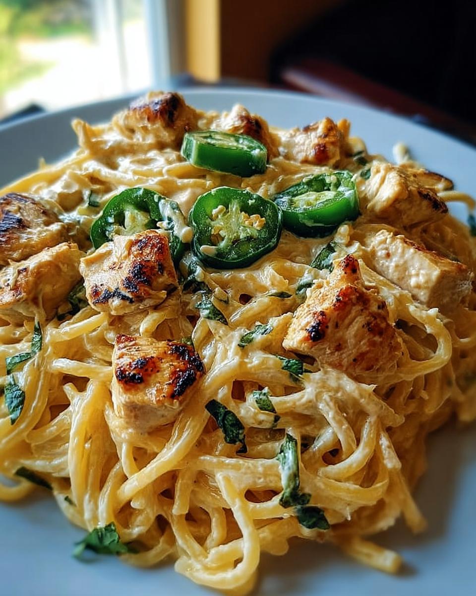 A close-up of Fall Comfort Chicken Spaghetti with Jalapeños, featuring creamy pasta, grilled chicken pieces, and sliced jalapeños.