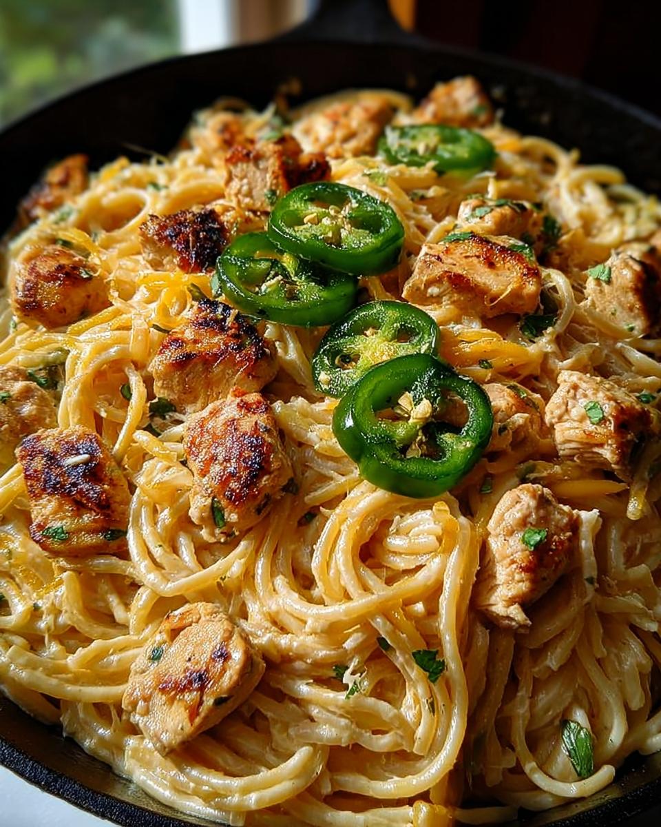 Close-up of Fall Comfort Chicken Spaghetti with Jalapeños, featuring creamy pasta, diced chicken, and sliced jalapeños.