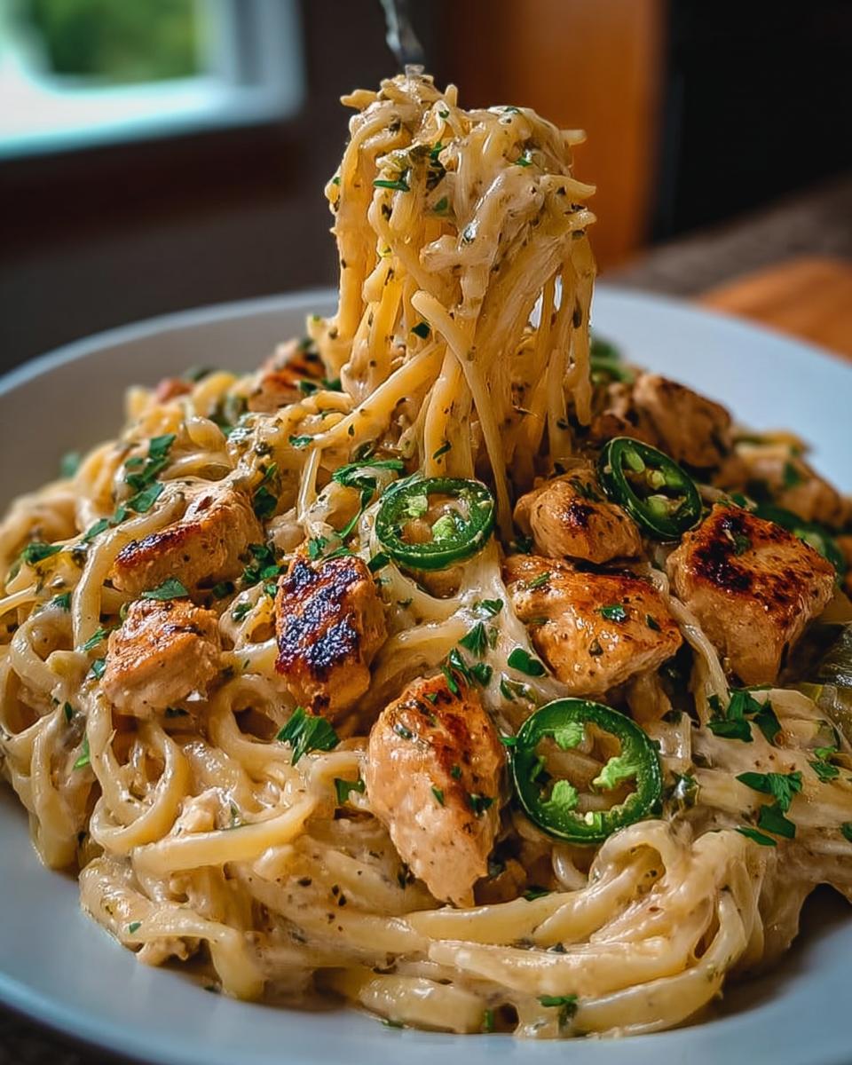 A close-up of Fall Comfort Chicken Spaghetti with Jalapeños, featuring creamy pasta, grilled chicken pieces, and sliced jalapeños.