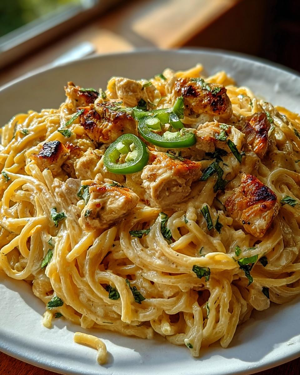 A close-up of creamy Fall Comfort Chicken Spaghetti with Jalapeños, topped with grilled chicken pieces and fresh jalapeño slices.