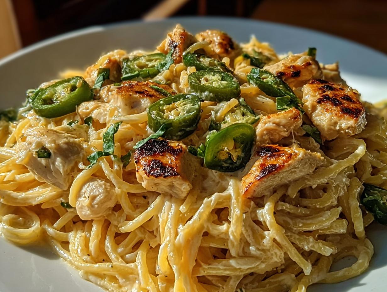 A close-up of Fall Comfort Chicken Spaghetti with Jalapeños, featuring creamy pasta, grilled chicken pieces, and sliced jalapeños.