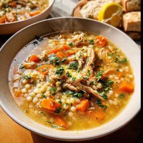 Steaming bowl of Fall Comfort Lemon Chicken Soup with shredded chicken, carrots, and pasta, garnished with parsley.
