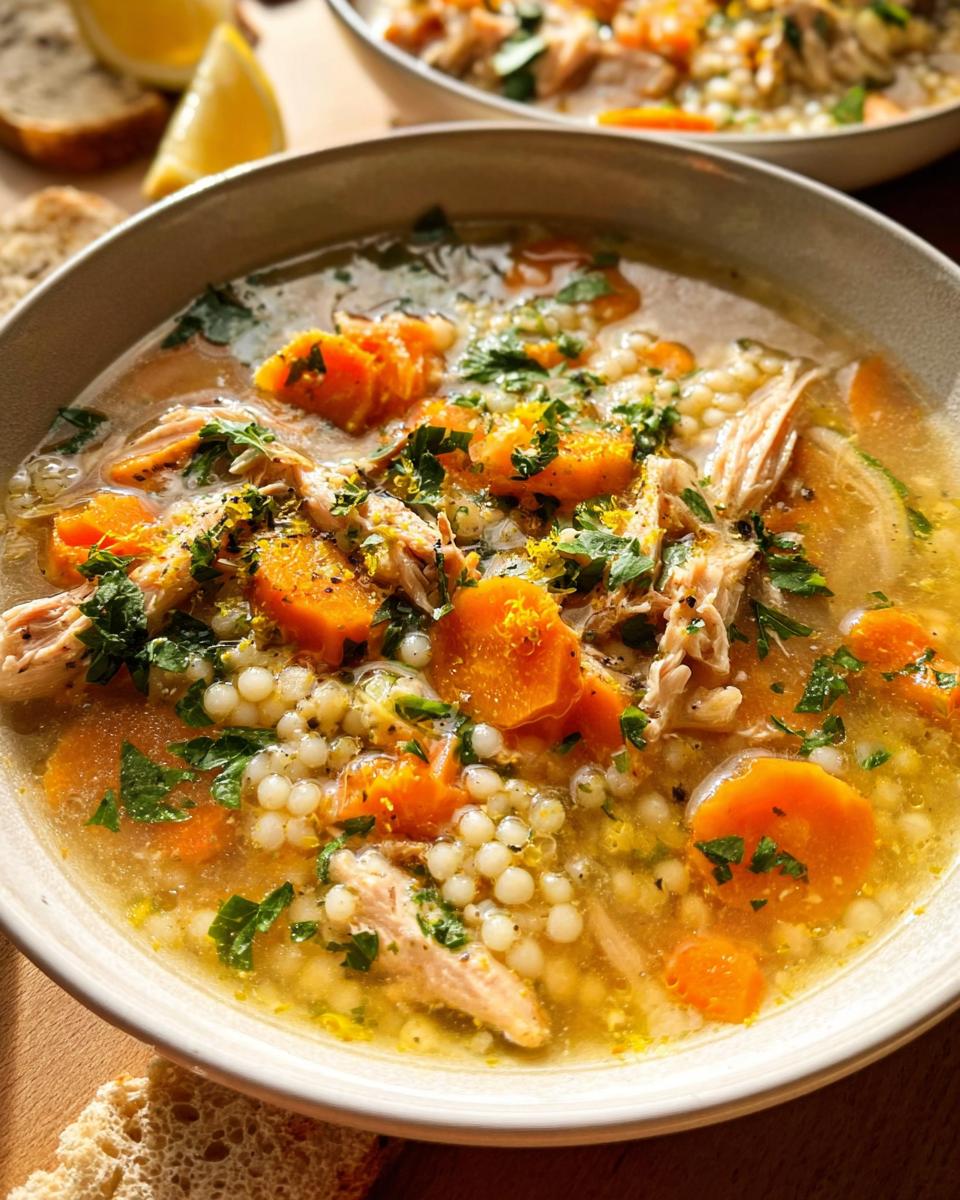 A close-up of a bowl of Fall Comfort Lemon Chicken Soup, featuring shredded chicken, carrots, small pasta pearls, and fresh parsley.