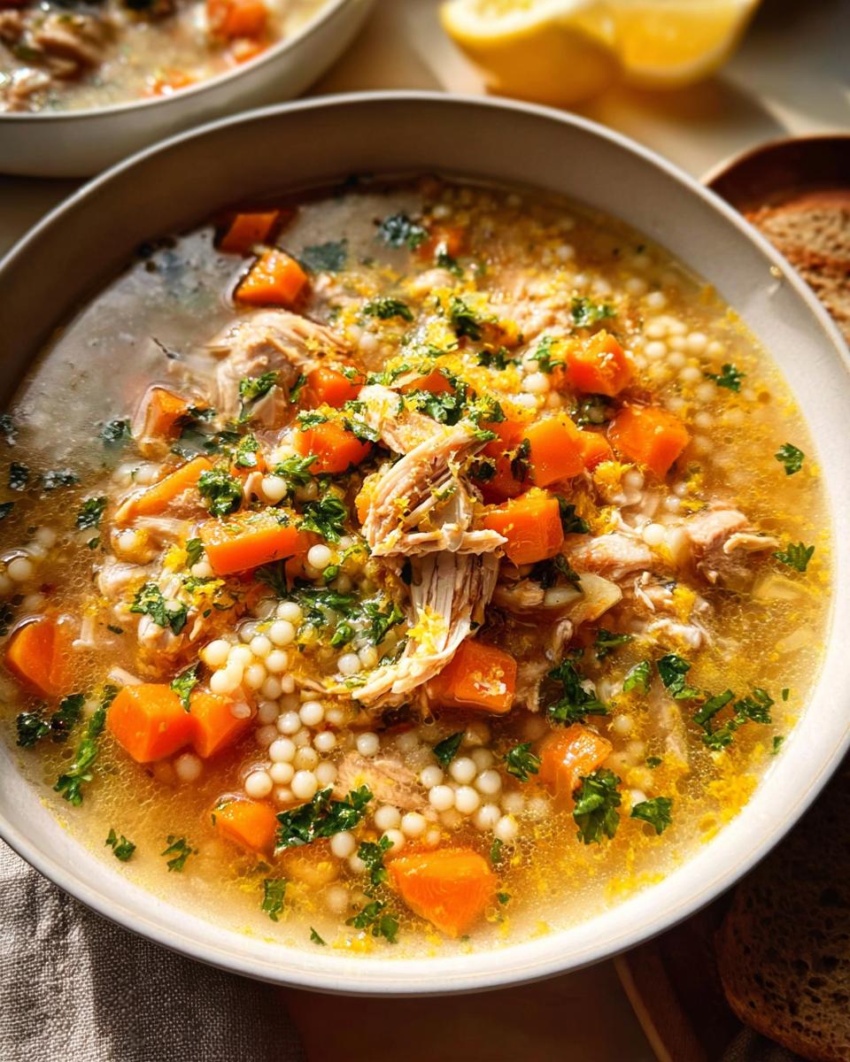 Close-up of a bowl of Fall Comfort Lemon Chicken Soup (Crockpot) with shredded chicken, carrots, and couscous pasta.