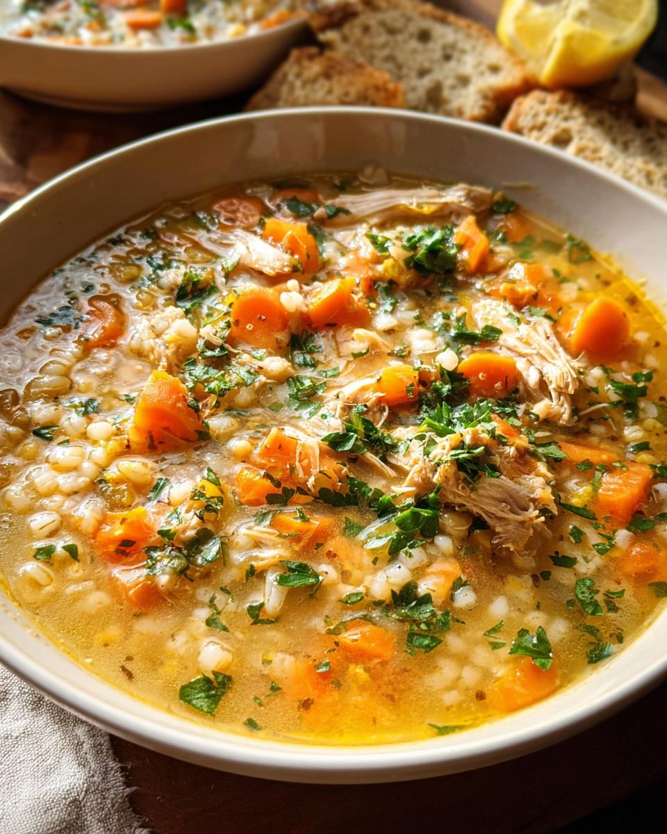 A close-up of a bowl of Fall Comfort Lemon Chicken Soup, featuring shredded chicken, diced carrots, and barley, garnished with fresh parsley.