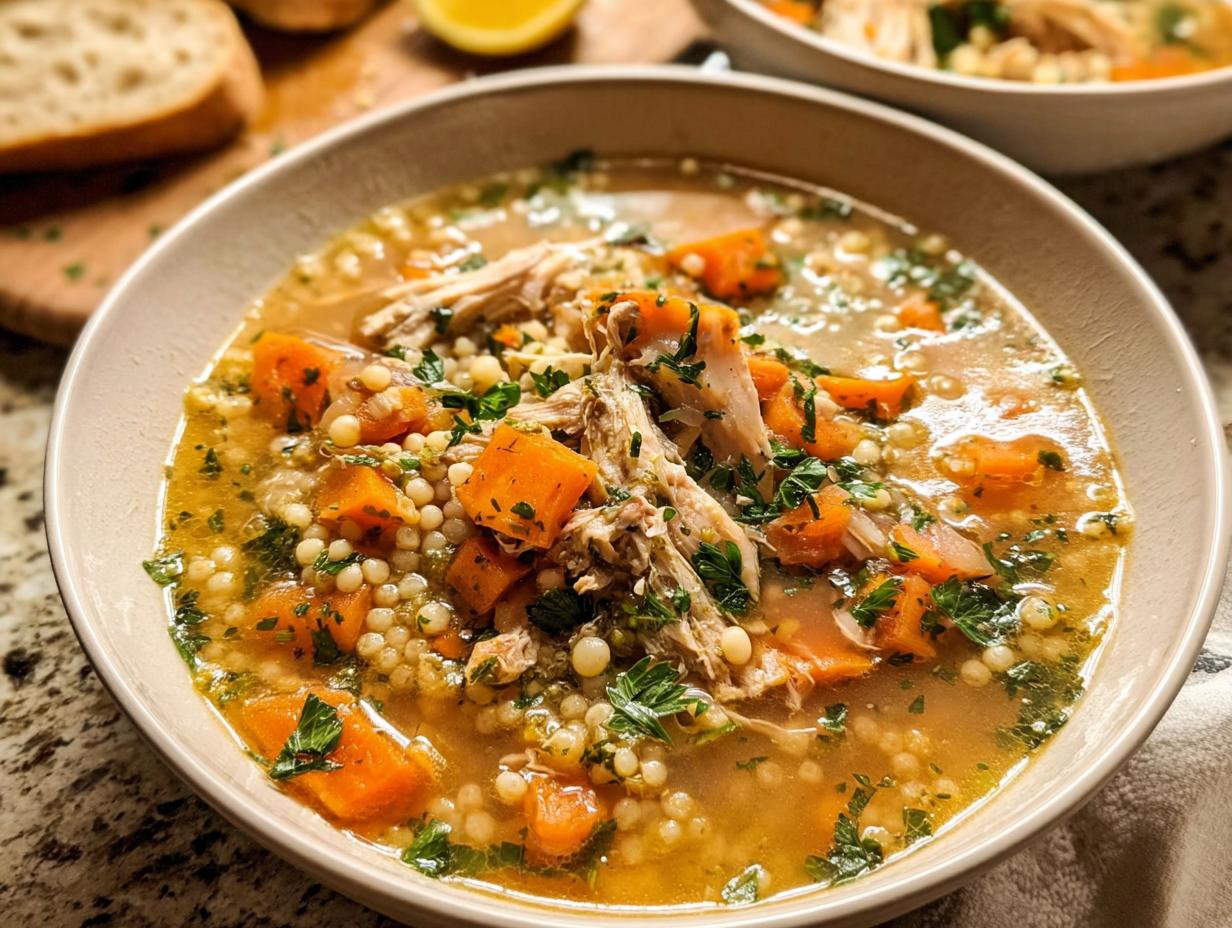 A close-up of a bowl of Fall Comfort Lemon Chicken Soup with shredded chicken, diced carrots, and small pasta pearls, garnished with fresh parsley.