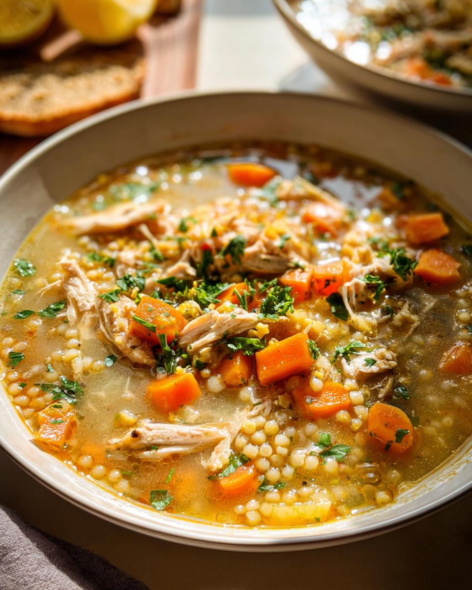 A close-up bowl of Fall Comfort Lemon Chicken Soup (Crockpot) with shredded chicken, carrots, and pasta.
