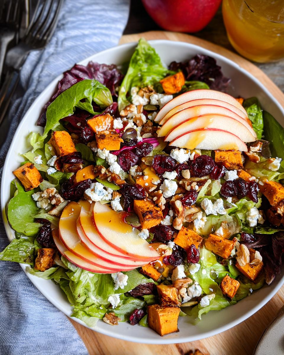 A vibrant Fall Harvest Salad with Cranberries, featuring roasted sweet potatoes, apple slices, walnuts, and crumbled blue cheese.