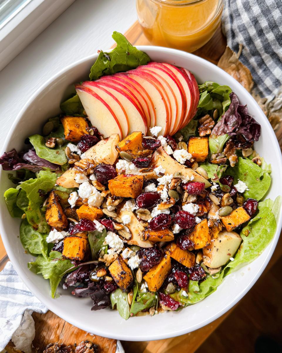 A vibrant Fall Harvest Salad with Cranberries, featuring roasted butternut squash, apple slices, feta cheese, and walnuts.