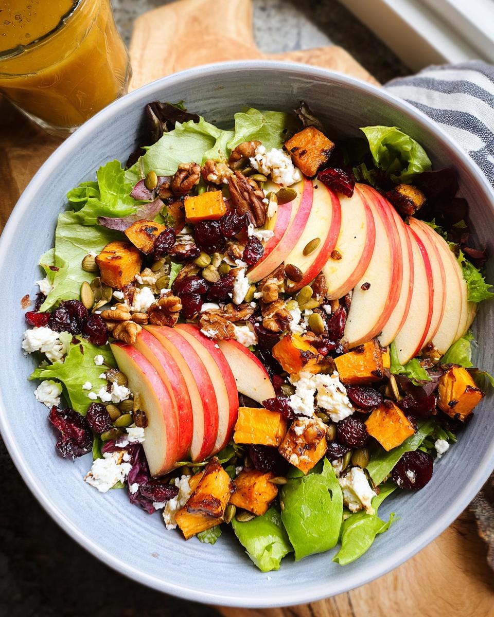 A vibrant Fall Harvest Salad with Cranberries, featuring roasted butternut squash, apples, walnuts, feta, and dried cranberries.