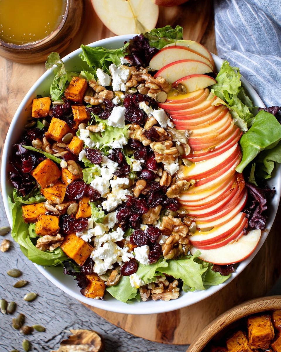 A vibrant Fall Harvest Salad with Cranberries, featuring roasted butternut squash, feta cheese, walnuts, and sliced apples.